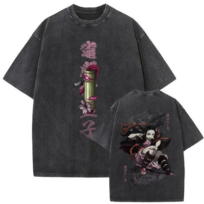 Demon Slayer Vintage Washed Anime T-Shirt – Unisex Cotton Oversized Graphic Tee