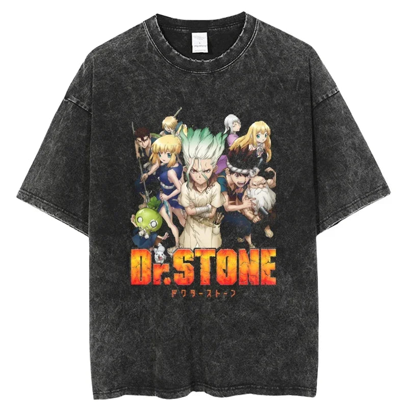 Dr. Stone Senku Ishigami Vintage Washed T-Shirt – Unisex Oversized Harajuku Cotton Graphic Tee