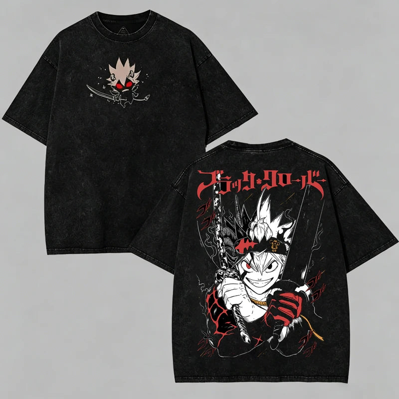 Black Clover Asta Gothic Vintage Washed Graphic T-Shirt – Oversized Unisex Cotton Anime Streetwear Tee