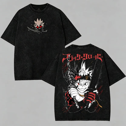 Black Clover Asta Gothic Vintage Washed Graphic T-Shirt – Oversized Unisex Cotton Anime Streetwear Tee