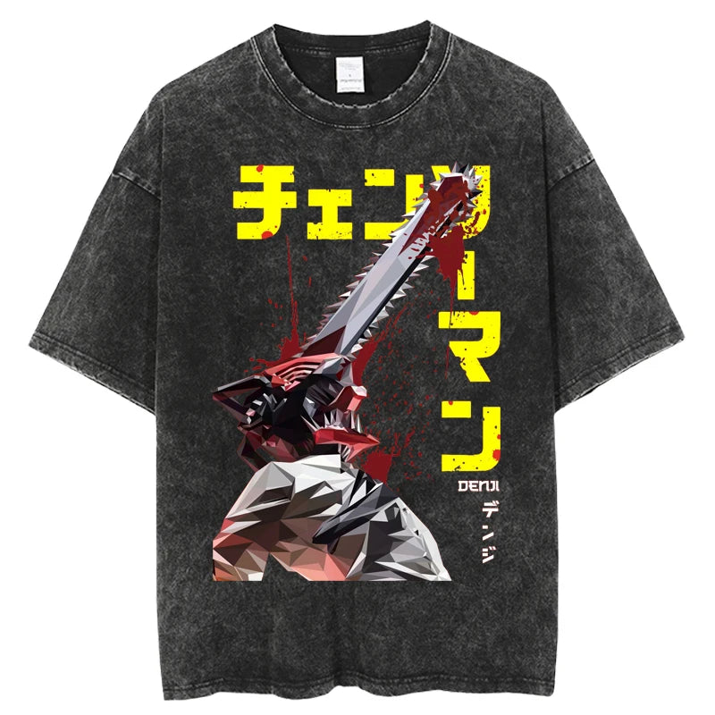 Chainsaw Man Denji & Pochita Vintage Washed T-Shirt – Oversized Harajuku Anime Tee
