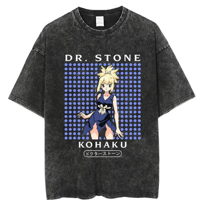 Dr. Stone Senku Ishigami Vintage Washed T-Shirt – Unisex Oversized Harajuku Cotton Graphic Tee