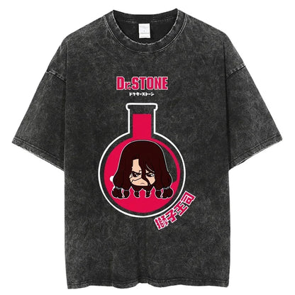 Dr. Stone Senku Ishigami Vintage Washed T-Shirt – Unisex Oversized Harajuku Cotton Graphic Tee