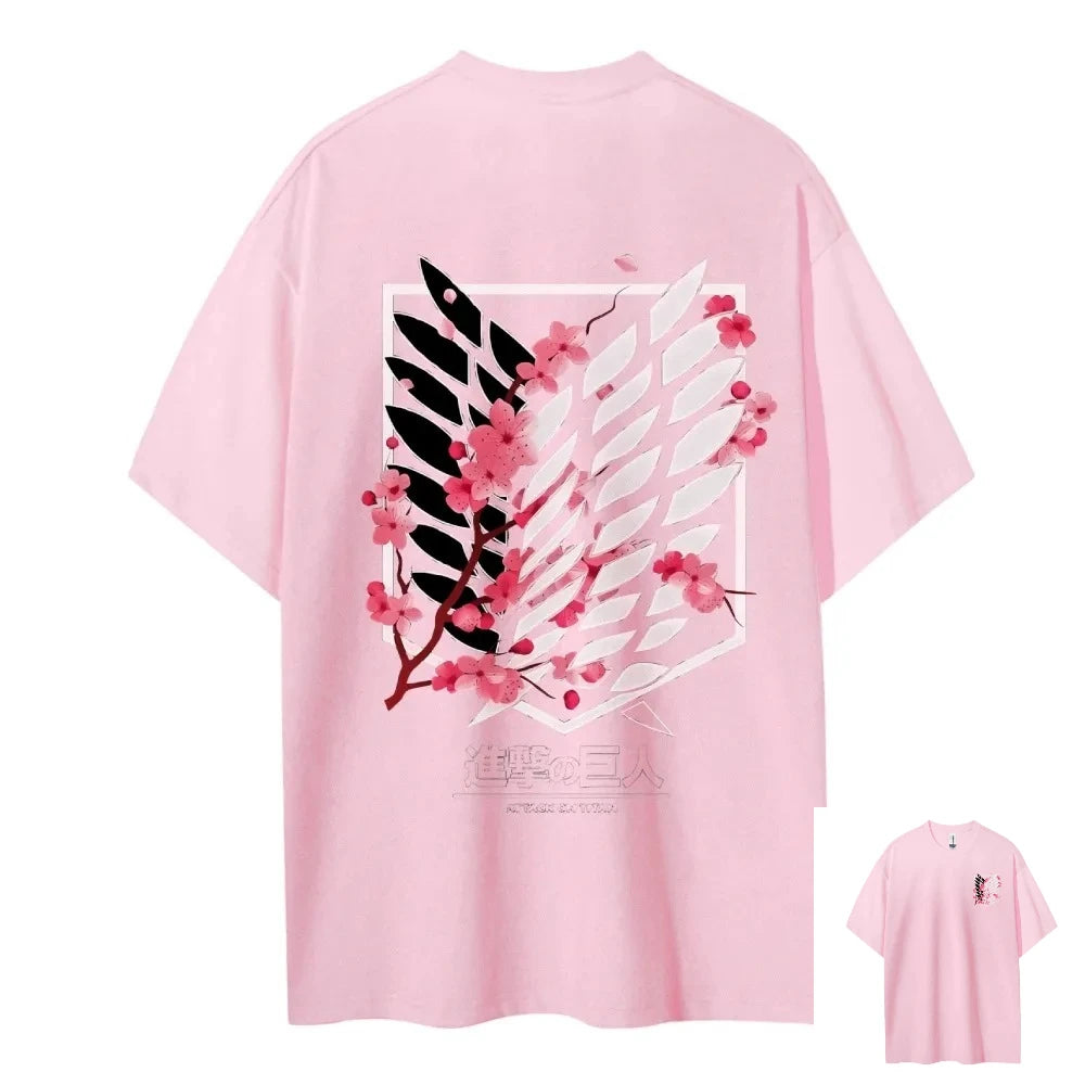 Attack on Titan Wings of Freedom Cherry Blossom Graphic T-Shirt – Unisex Cotton Anime Streetwear Tee