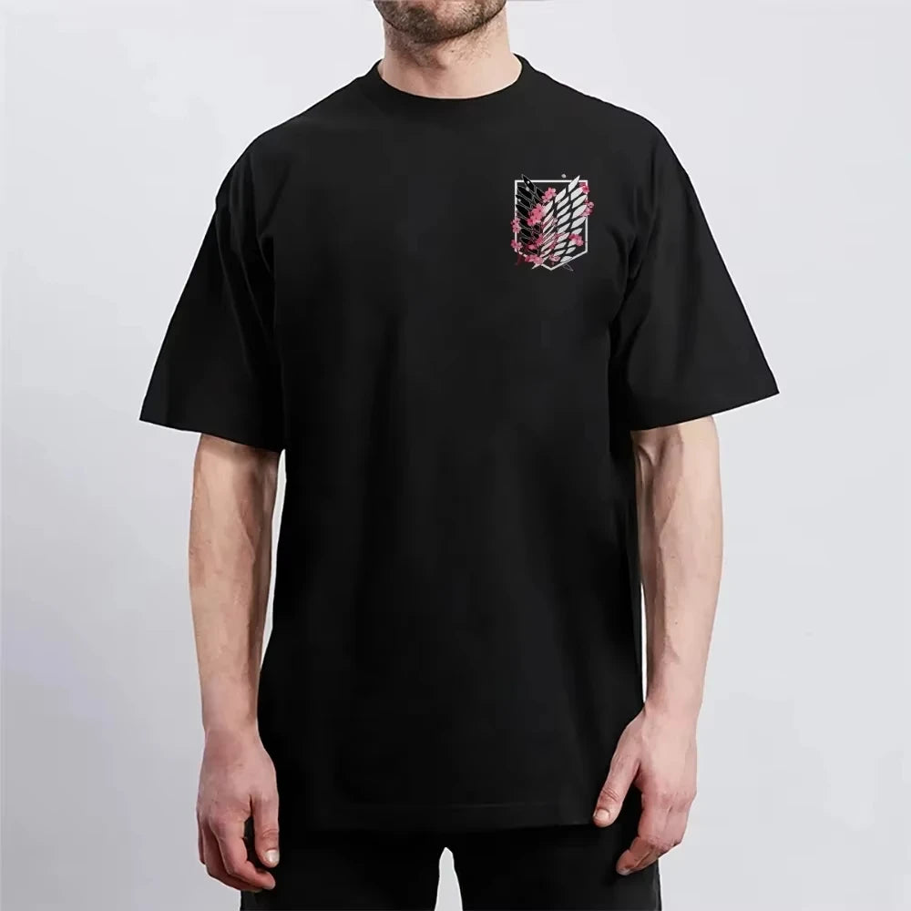 Attack on Titan Wings of Freedom Cherry Blossom Graphic T-Shirt – Unisex Cotton Anime Streetwear Tee