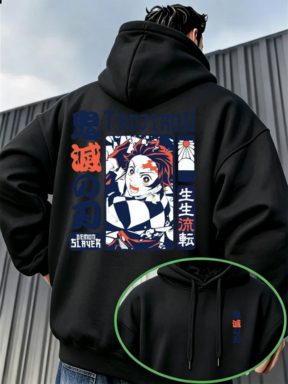 Demon Slayer Vintage Manga Print Hoodie – Warm Anime Graphic Pullover Sweatshirt
