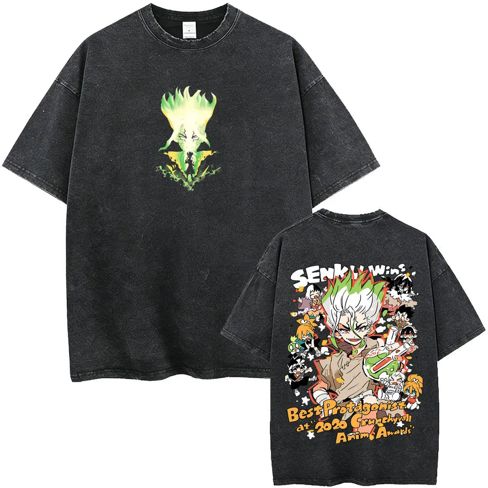 Dr. Stone Senku Ishigami Vintage Washed T-Shirt – Unisex Oversized Manga Graphic Tee