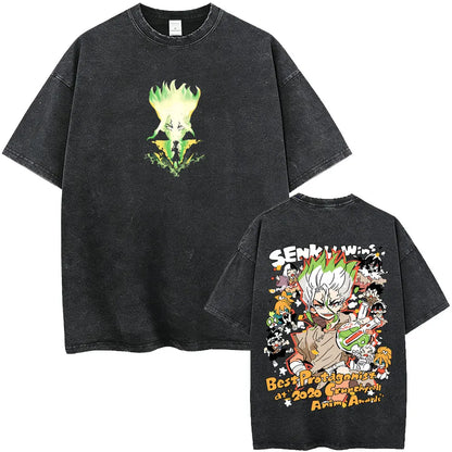 Dr. Stone Senku Ishigami Vintage Washed T-Shirt – Unisex Oversized Manga Graphic Tee