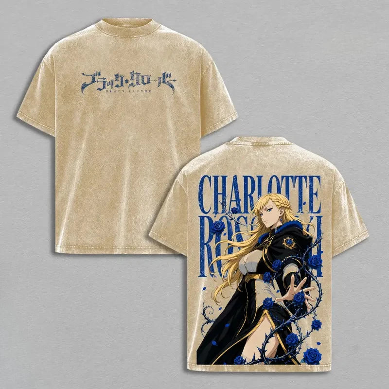 Black Clover Charlotte Roselei Vintage Washed Graphic T-Shirt – Oversized Unisex Cotton Anime Streetwear Tee