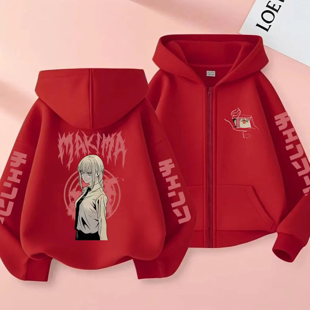 Chainsaw Man Makima Vintage Zip-Up Hoodie – Oversized Unisex Anime Streetwear Jacket