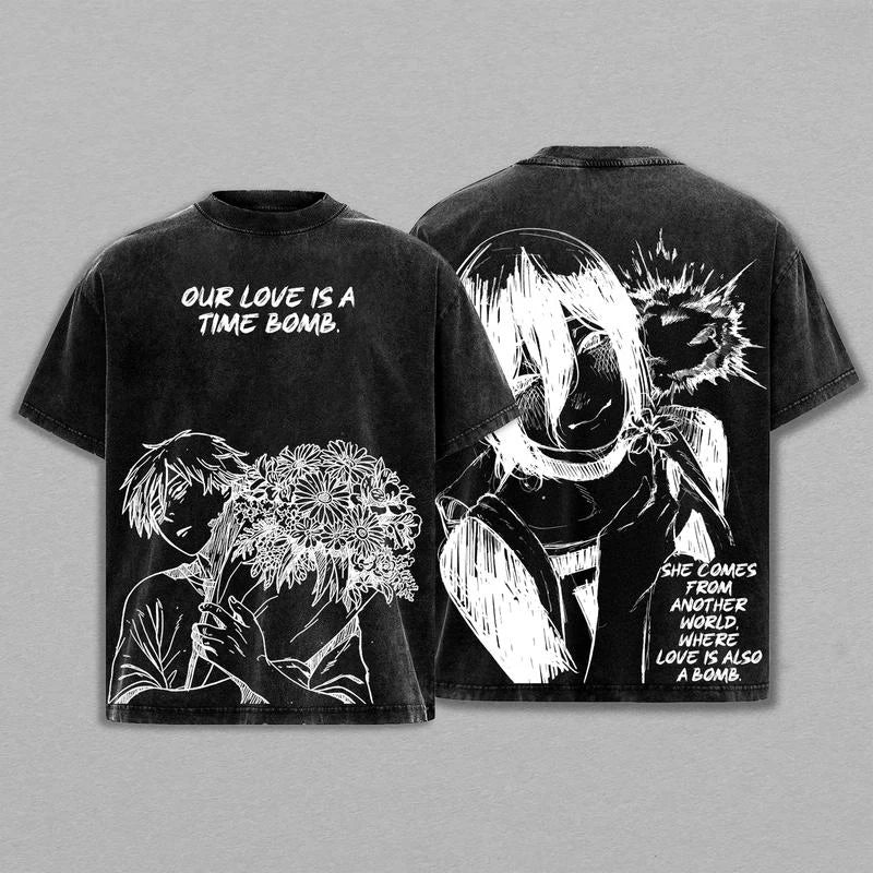 Chainsaw Man Reze Vintage Washed T-Shirt – Oversized Unisex Anime Streetwear Tee