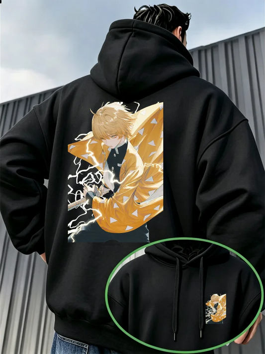 Demon Slayer Zenitsu Agatsuma Fleece Hoodie – Warm Anime Graphic Pullover Sweatshirt