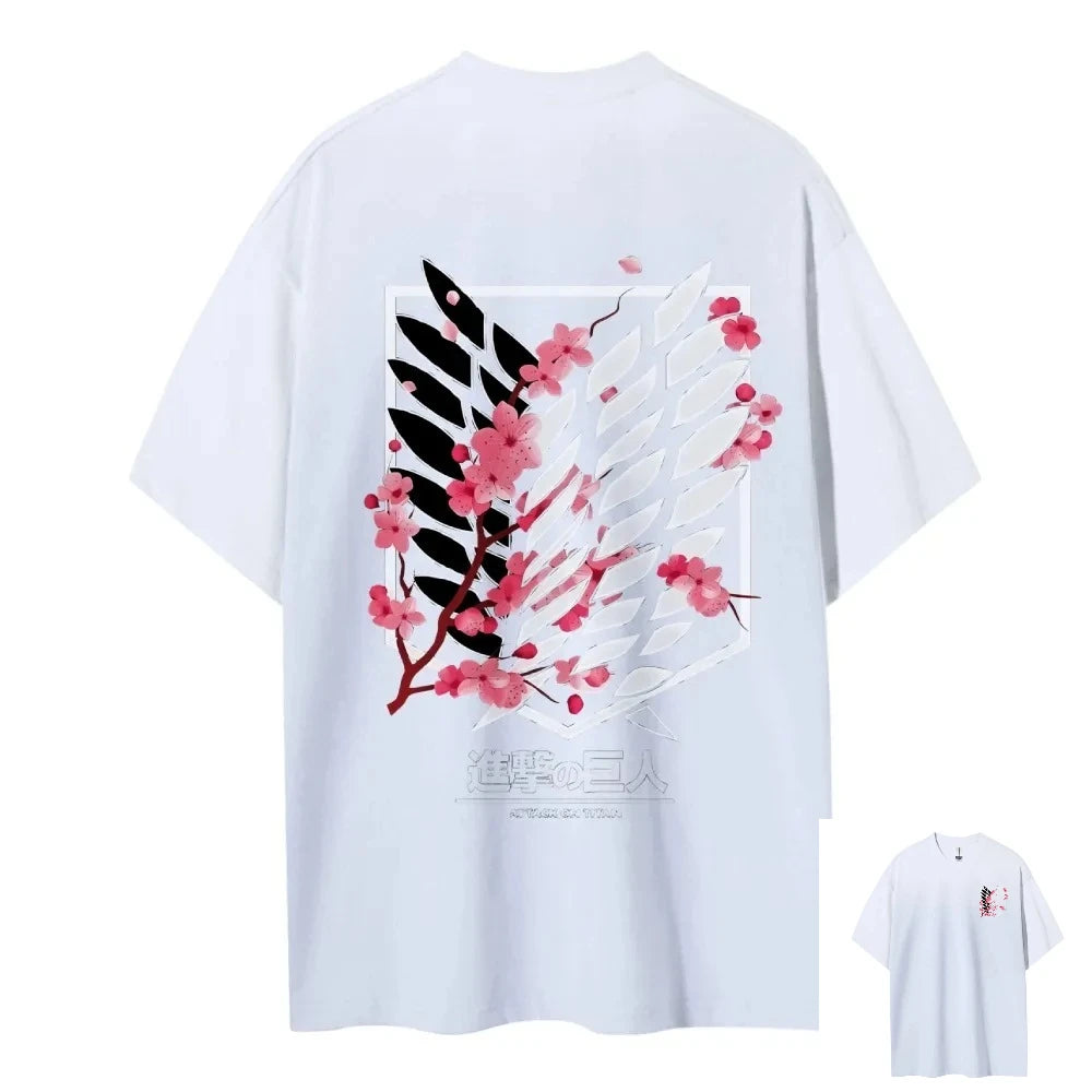Attack on Titan Wings of Freedom Cherry Blossom Graphic T-Shirt – Unisex Cotton Anime Streetwear Tee