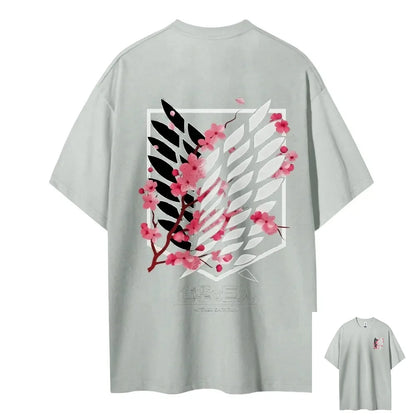 Attack on Titan Wings of Freedom Cherry Blossom Graphic T-Shirt – Unisex Cotton Anime Streetwear Tee