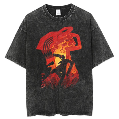Chainsaw Man Denji & Pochita Vintage Washed T-Shirt – Oversized Harajuku Anime Tee