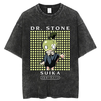 Dr. Stone Senku Ishigami Vintage Washed T-Shirt – Unisex Oversized Harajuku Cotton Graphic Tee