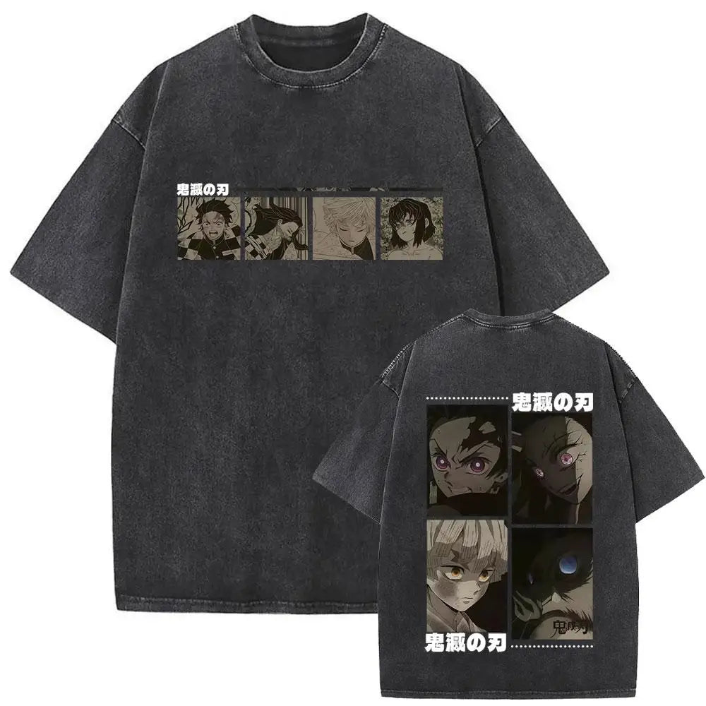 Demon Slayer Vintage Washed Anime T-Shirt – Unisex Cotton Oversized Graphic Tee