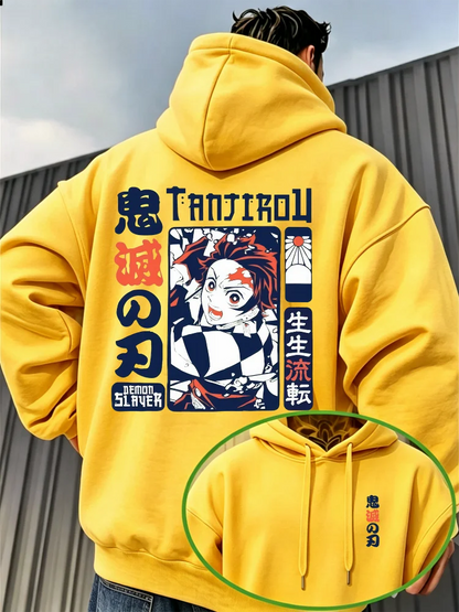 Demon Slayer Vintage Manga Print Hoodie – Warm Anime Graphic Pullover Sweatshirt
