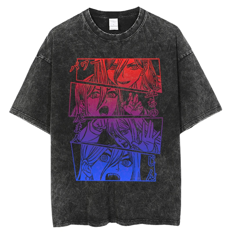 Chainsaw Man Denji & Pochita Vintage Washed T-Shirt – Oversized Harajuku Anime Tee