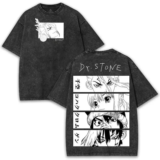 Dr. Stone Kohaku & Senku Ishigami Vintage Washed T-Shirt – Unisex Oversized Cotton Anime Graphic Tee