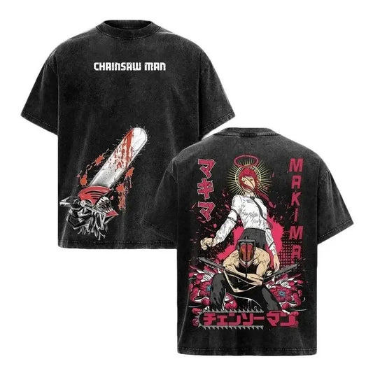 Chainsaw Man Denji & Makima Vintage Washed T-Shirt – Oversized Unisex Anime Tee