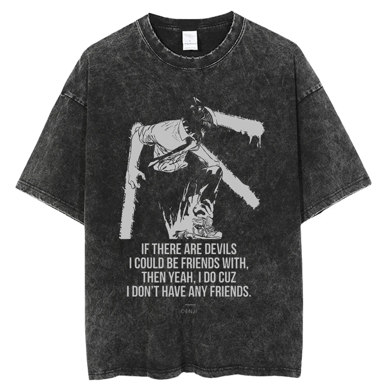 Chainsaw Man Denji & Pochita Vintage Washed T-Shirt – Oversized Harajuku Anime Tee