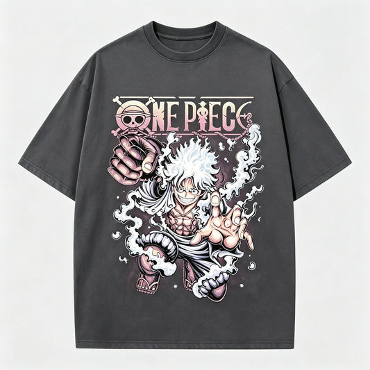 One Piece Gear 5 Luffy Sun God Nika Graphic T-Shirt – Oversized Unisex Cotton Anime Streetwear Tee