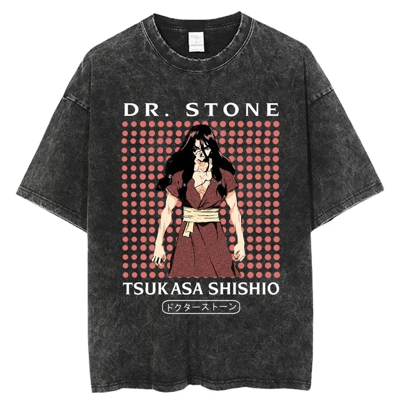 Dr. Stone Senku Ishigami Vintage Washed T-Shirt – Unisex Oversized Harajuku Cotton Graphic Tee