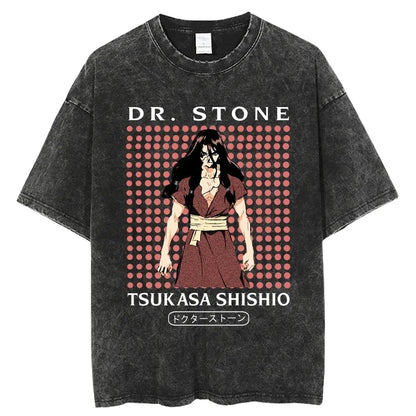 Dr. Stone Senku Ishigami Vintage Washed T-Shirt – Unisex Oversized Harajuku Cotton Graphic Tee